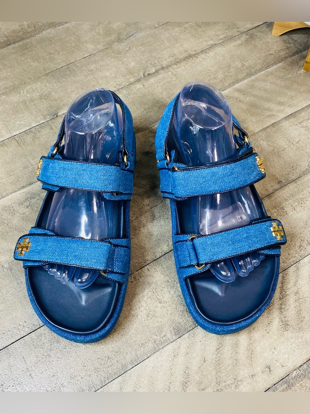 Tory Burch Kira Sport Sandal Denim Blue Platform Logo Strappy Women's Size 10.5 - Picture 3 of 8